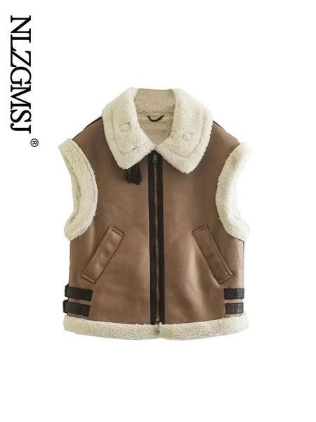 

vests traf 2022 winter women thick warm fleece faux leather jacket splice sleeveless waistcoat coat ladies biker vest outwear, Black;white