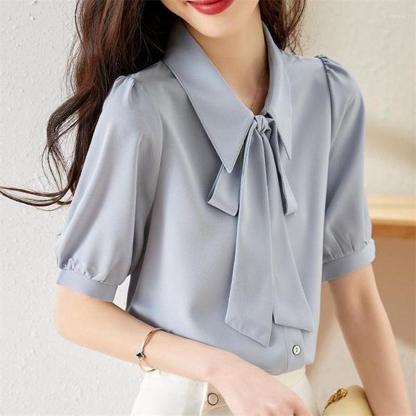 

Women's Blouses Women Blow Elegant Business Casual Office Lady Shirt Summer Fashion Solid Short Sleeve Blouse Vintage Chic Sweet All Match, Blue