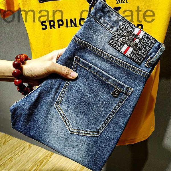 

men's jeans designer trendy blue jeans summer thin b-line horse mark slim fit feet elastic men's long pants ydiq