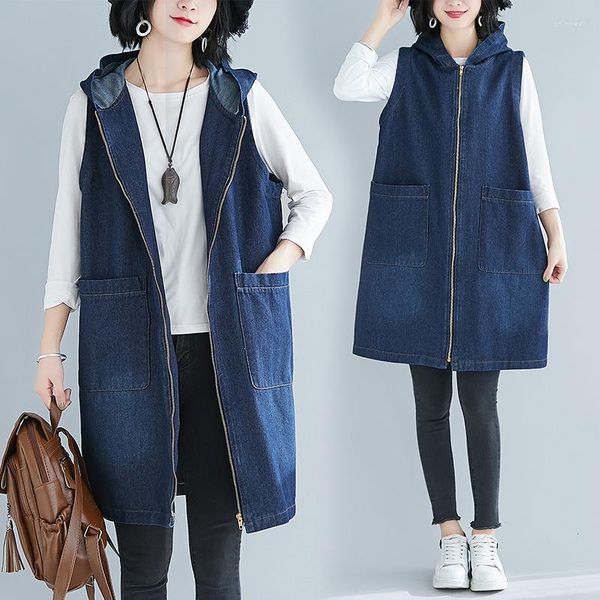

Women's Vests #3117 Spring Autumn Sleeveless Jacket Women Hooded Casual Long Vest Coat Ladies Loose Big Pockets Denim Waistcoat Zipper, Blue