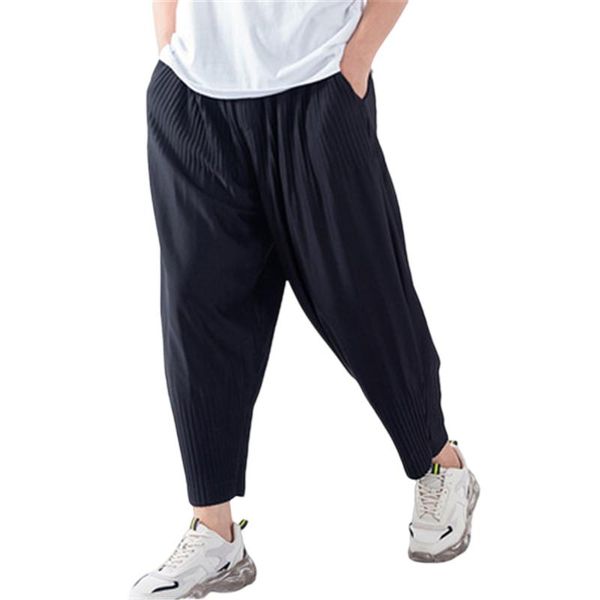 

pants miyake pleated wideleg harem casual pants 2022 spring and autumn loose casual sports pants breathable lowcrotch pants trend, Black