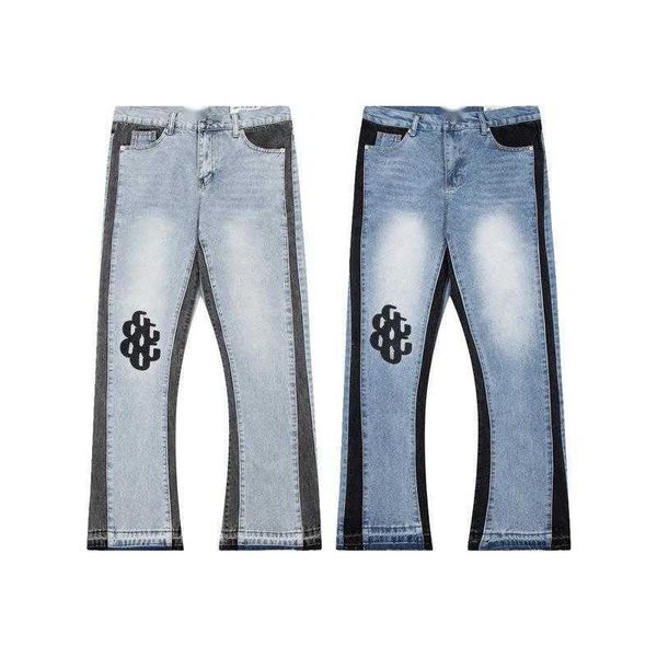 

jeans 2023 europe and the united states high street style fashion embroidered print splicing flared pants netflix the same paragraph pants j, Blue