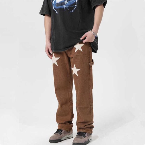 

men's jeans 2022 new fashion stars towel embroidery brown baggy men jeans pants y2k clothes straight hip hop cotton trousers pantalon h, Blue