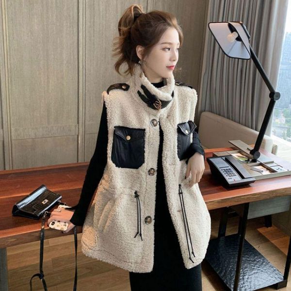 

vests 2021 fall winter women's vest short coat loose warm imitation lamb wool vest fashion stitching women sleeveless waistcoat jacket, Black;white