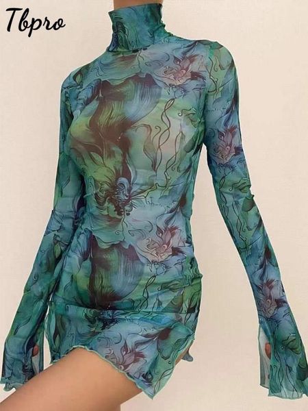 

casual dresses fashion printing high neck buttock mini dres flare sleeve mesh vestidos 2023 summer chic party club robe 230421, Black;gray