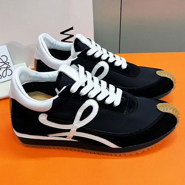 

mens and womens casual shoes flow runner in nylon and suede lace up sneaker with a soft upper and honey rubber waves sole cowhide shoes, Black