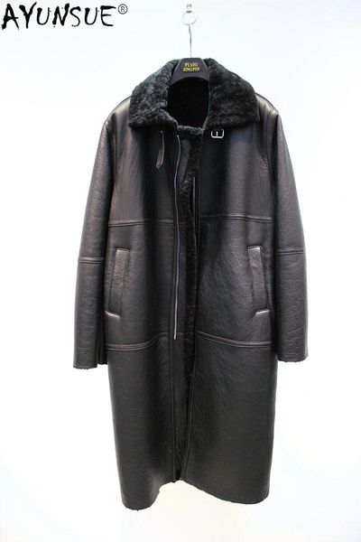 

fur ayunsue women's winter nature sheepskin fur jacket genuine leather fur jackets for women long real fur coat manteau femme hiver, Black