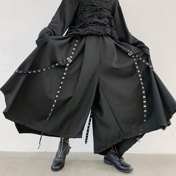 

pants spring autumn personality men rivet ribbon irregular pantskirt culotte man hip hop punk vintage wide leg pants dj stage trousers, Black