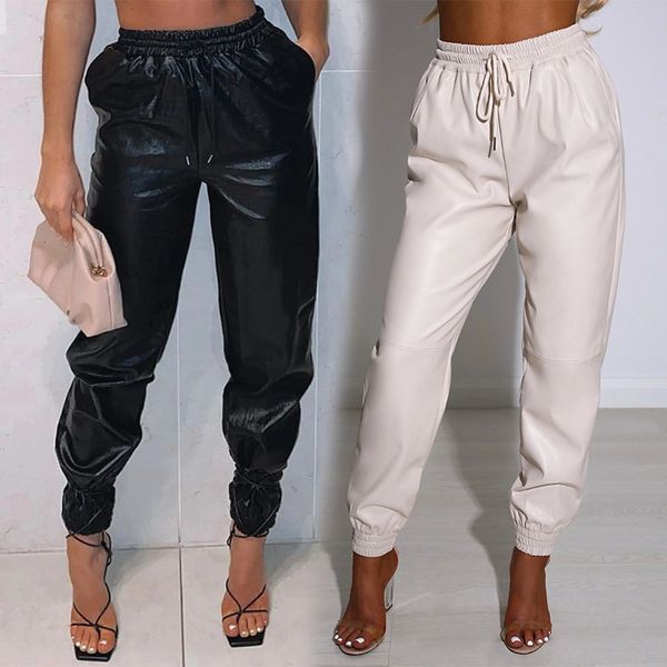 

women's pants capris pants women pu leather autumn fashion elegant office casual loose harem leather pants elastic high waist female lo, Black;white