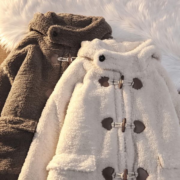 

leather beige fashion plush coat women's 2022 winter horn button fur short coat grass thickened coat plush for women order wholesale, Black