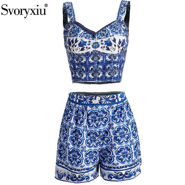

dress svoryxiu designer summer shorts suit women short camis corset + blue and white porcelain print vacation shorts 2 pieces set