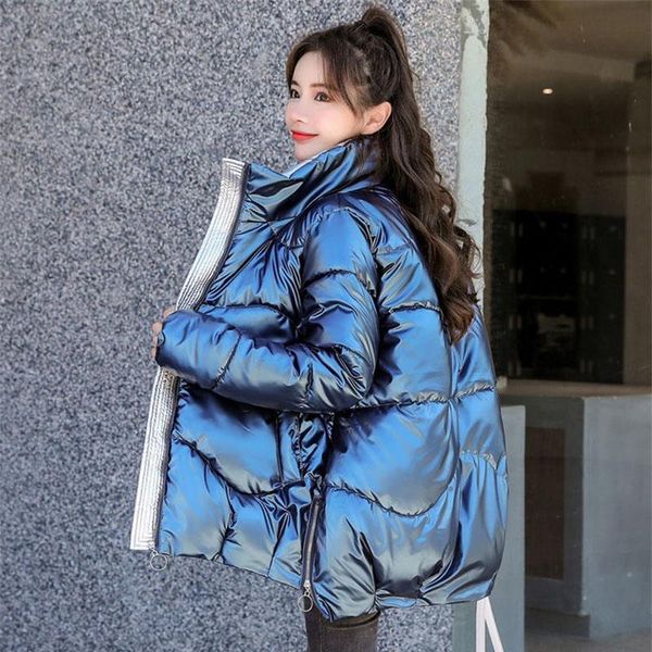 

leather 2022 new winter jacket women parkas glossy warm thicken coat female cotton padded parka waterproof outwear loose snow jacket, Black