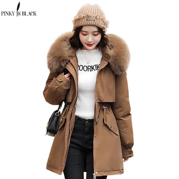 

leather pinkyisblack 2021 new cotton thicken warm autumn winter jacket coat women casual long parka winter clothes fur liner hooded coat, Black