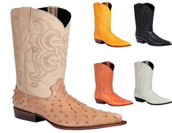 

boots vintage cowboy for men leather high punk shoes pointed toe motorcycle men s fashion print ostrich 2212074572386, Black