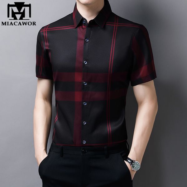 

men's casual shirts plaid shirt silk summer short sleeve slim fit camisa masculina drop c748 230421, White;black