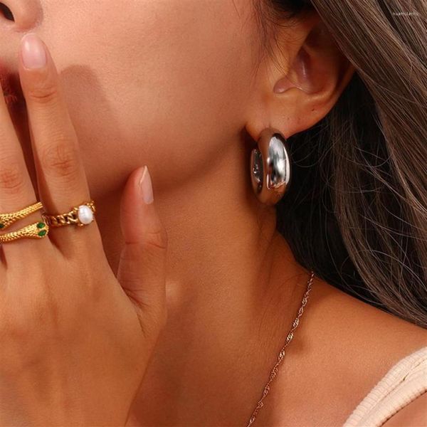 

hoop earrings round square geometric bold stainless steel for woman 18k gold plated silver color hollow chunky hoops358p, Golden;silver