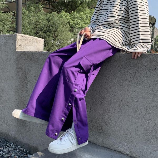 

pants purple wide leg hip hop cargo pants button decor men casual cotton pants loose baggy trousers streetwear joggers men clothing, Black