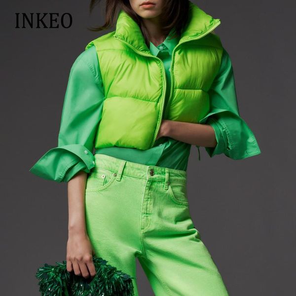 

vests high street sleeveless cotton vest autumn winter 2022 fashion fluorescent green stand collar puffer jacket outerwear inkeo 2o046, Black;white