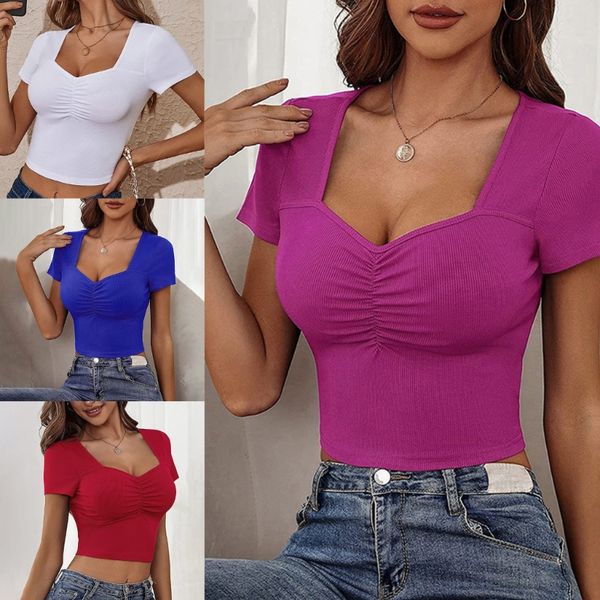 

womens t-shirt summer short sleeve sweetheart neck crop ribbed knit basic solid color casual slim-fit ruched t-shirt blouses, White
