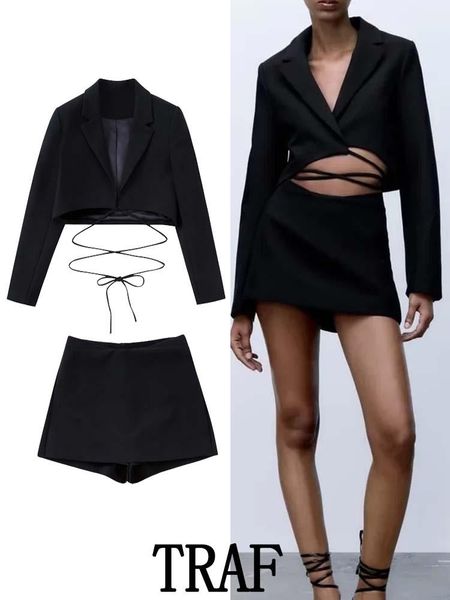 

pants traf 2022 fashion 2 pieces sets women bowembellished cropped button blazer coat + slim mini short skirts causal sets, White