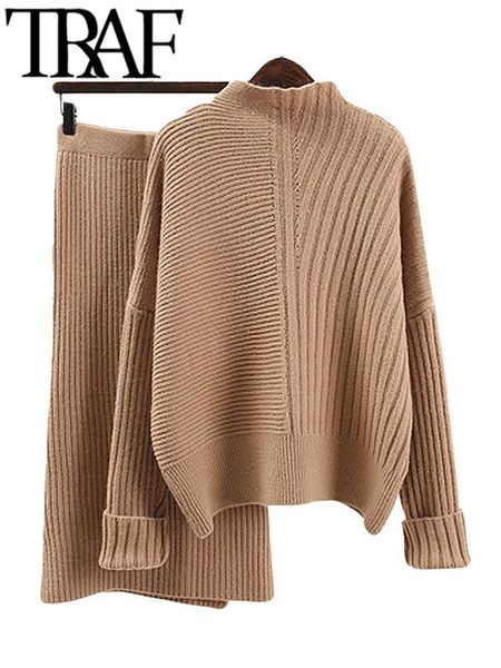 

dress traf 2022 spring winter women sweater set khaki midlong skirt+pullover female patchwork fashion warm sweater 2 piece set, White