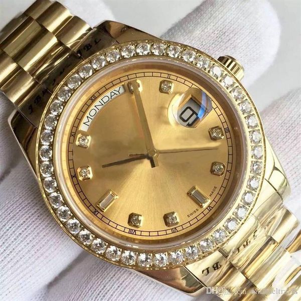 

men's watch date-218348a series 18k gold dial diamond inlay automatic mechanical watch president strap original folding buckl194d, Slivery;brown