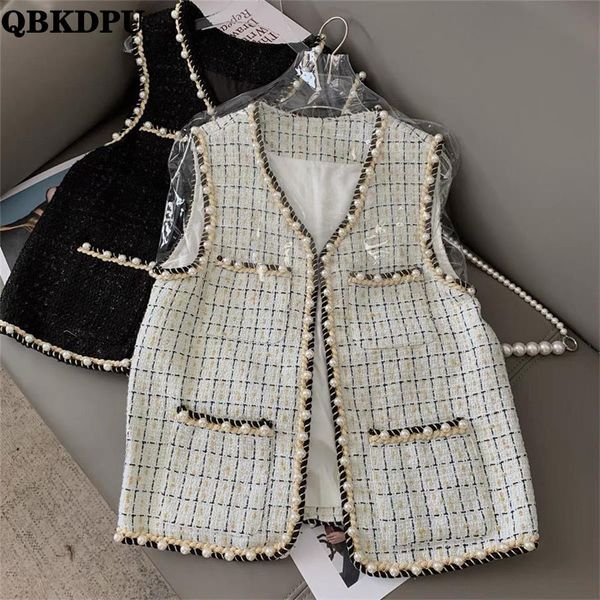 

vests spring fall vintage tweed black white plaid vest chic pearl buckle waistcoat women sleeveless jacket korean gilets slim cardigan