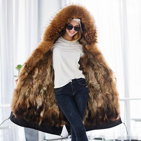 

fur maomaokong 2021 chaqueta de invierno real de moda abrigo de piel natural cuello de piel de mapache real abrigo largo suelto, Black