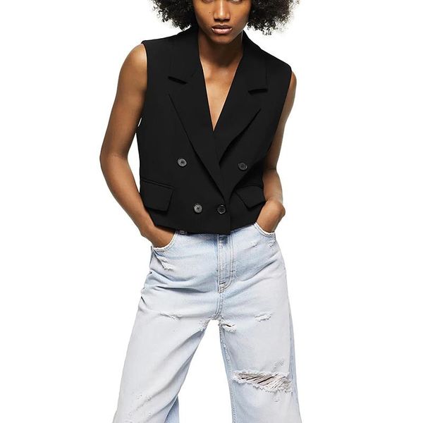 

vests 2021 women's vest fashion black double breasted cropped waistcoat vintage sleeveless suit collar office lady female coat, Black;white