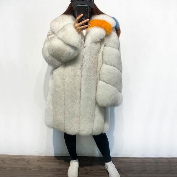 

fur 2022 winter new natural fox fur coat long with big collar spliced color, Black
