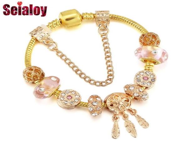 

charm bracelets seialoy gold dream catcher for women men original pink glass crystal beaded bracelet bangle jewelry gift1648666, Golden;silver