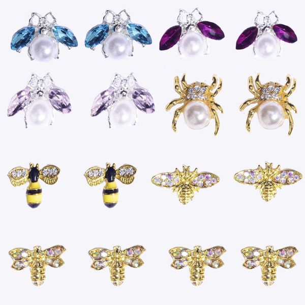 

nail art decorations 10pcs gold cz spider charms 8type real gold plated brassspider bee rhinestone nail design gold jewelry metal nail art 1, Silver;gold