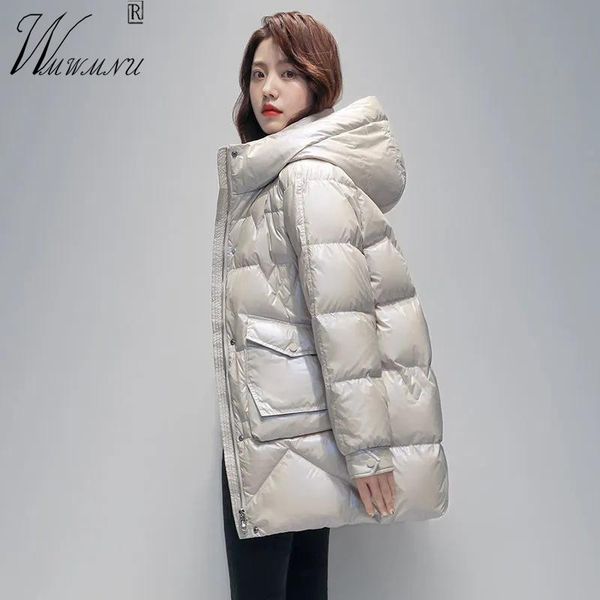 

leather mid length windproof hooded parkas women fashion glossy stand collar snow coat solid warm cotton jacket zip up quilted overcoat, Black