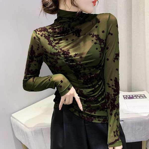 

t-shirt 2021 autumn winter fashion women pullover turtleneck t shirt retro longsleeved mesh flocking basic shirt, White