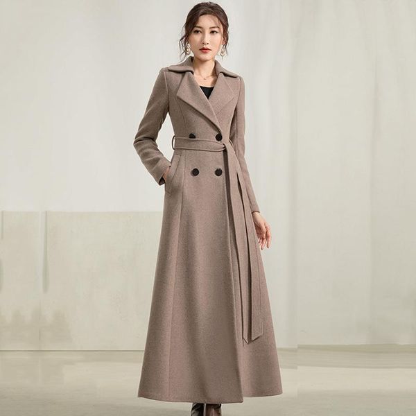 

fur new women lengthened woolen coat autumn winter elegant thicken warm lacing sashes long wool blends overcoat female black khaki
