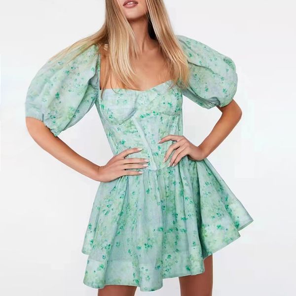 

2023 dress new australian niche designer french princess blue floral bubble sleeved dress, Black;gray