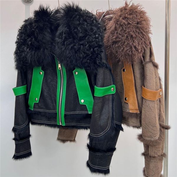 

fur 2022 winter new genuine fur coat women double faced rabbit fur jacket fashion wool collar lapel moto biker style jacket y3067, Black