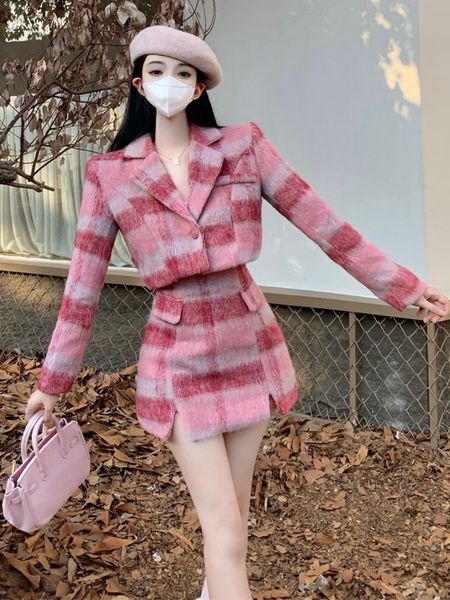 

two piece dress fall winter conjuntos de falda jacket woollen coatmini skirt sets two piece sets womens outifits ensemble femme 2 pieces 230, White
