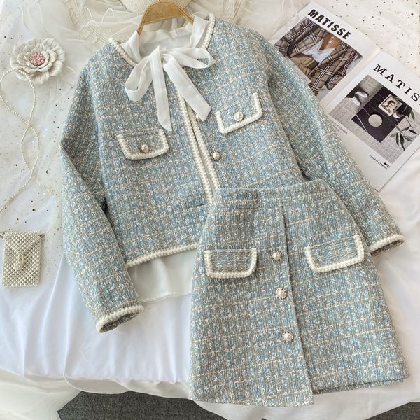 

two piece dress autumn 2 pieces set elegant fashion vintage plaid tweed long sleeve jackets coat irregular a-line mini skirts femame suit 23, White