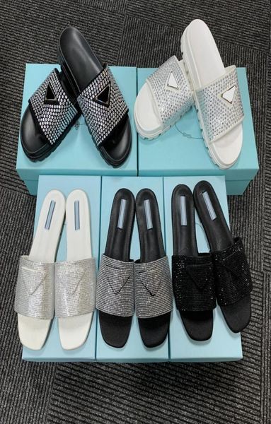 

new style satin sandals with crystals with women muller slippers flat diamond sandal rubber sole casual fashion party woman sizes 1955613, Black