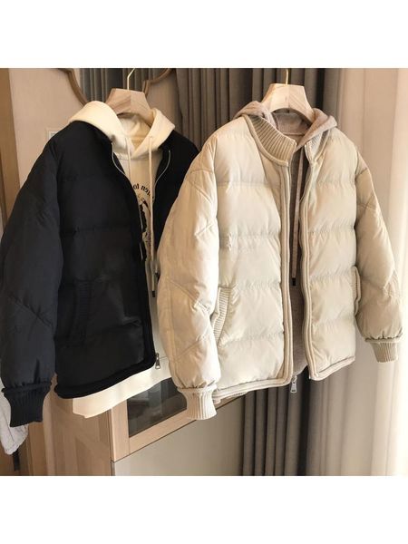 

leather 2022 women new solid color stand neck patchwork warm jacket outer baggy long sleeve thick cotton padded coat autumn winter chic, Black