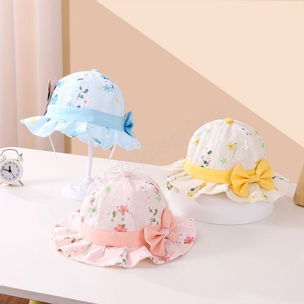 

sweet bowknot baby bucket hat flower print summer outdoor kids fisherman hat soft cotton baby girl panama sun beach cap, Yellow