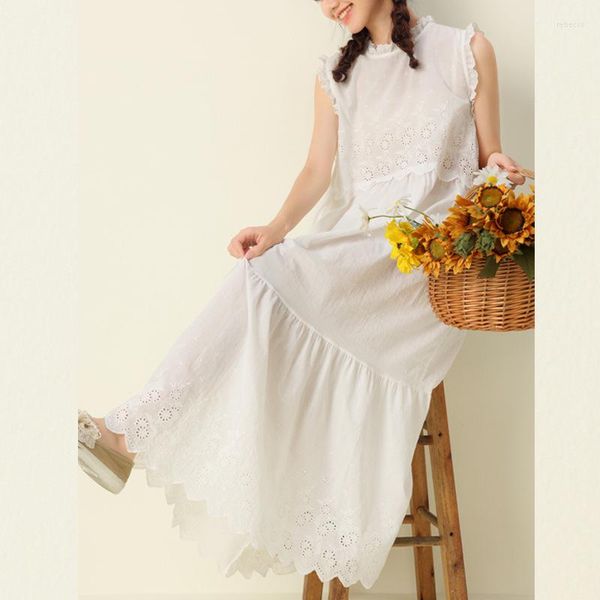 

casual dresses summer mori girl cotton floral embroidery eyelet loose waist sleeveless midi dress vintage elegant edwardian victorian, Black;gray