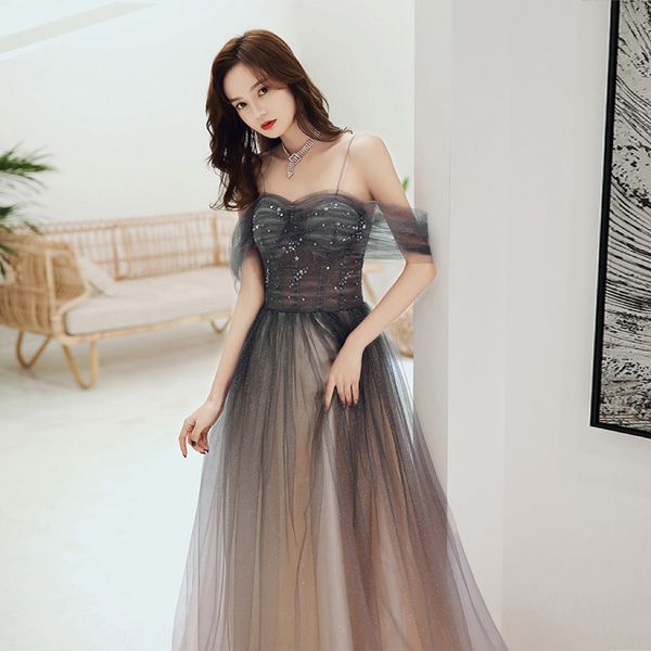 

gradient gray cocktail dresses spaghetti strap sequined off shoulder a line tulle beading long elegant women's formal prom gown, Black