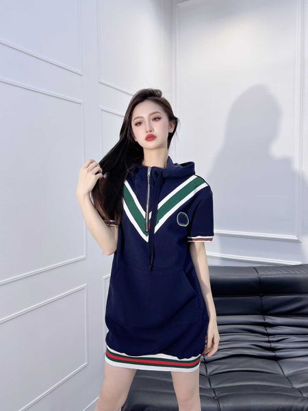 

23aw designer women's dress blue contrast red green ribbon contrast decoration yb twill cotton fabric short sleeve dress drawstring dre, Black;gray