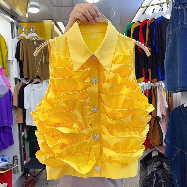 

Women's Blouses Summer Fashion Pleated Sweet Layered Ruffles Vest Shirt Women's Heart Single-Breasted Sleeveless Black White Short Tops, Green