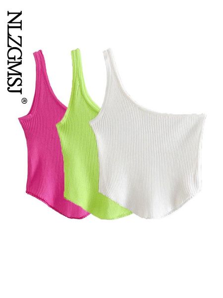 

t-shirt nlzgmsj 2022 women solid color one shoulder asymmetrical knitting t shirt chic camis tank lady y2k style slim crop, White
