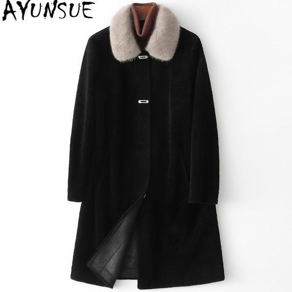 

fur ayunsue winter mink fur collar 100% sheep shearling coat female 2021 elegant real wool jackets women clothes casaco feminino, Black