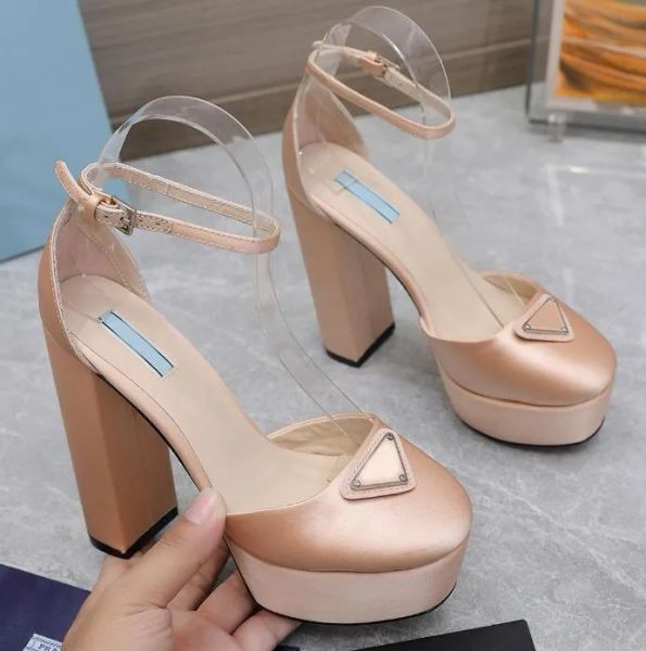 

sandals for women designer classic triangle buckle womens high heeled dress shoes fashion ankle strap 13cm heels genuine leather platform he, Black