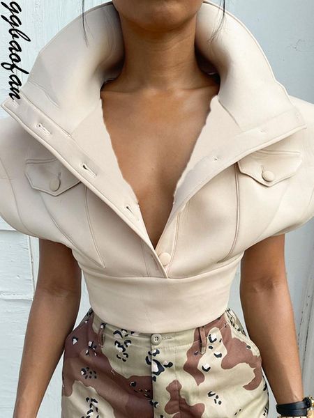 

vests ggbaofan fashion pullovers turndown collar buttons crop women apricot flying sleeve casual vest coat streetwear fall 2022, Black;white